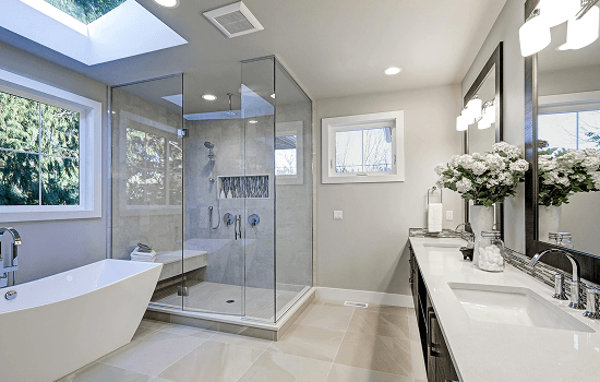 Newly remodeled bathroom with a walk-in shower